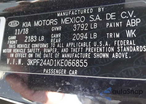 2019 Kia Forte Lxs из США, поврежденный, VIN 3KPF24AD1KE066855